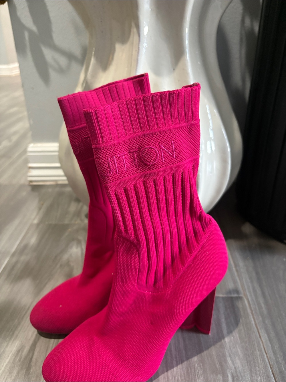 Louis Vuitton Hot Pink Ribbed Knit Sock Heeled Boots